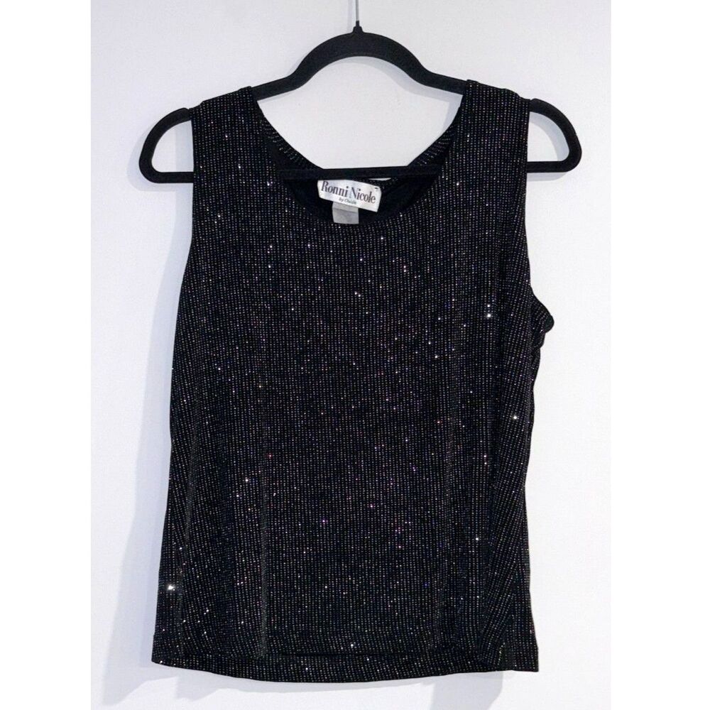 Vintage Ronni Nicole by Ouida Black Sparkle Sleeveless Party Top Size L